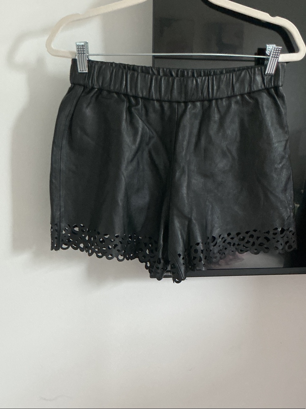 Diane Von Furstenberg Black Leather High-Waist Shorts with Laser-Cut Hem